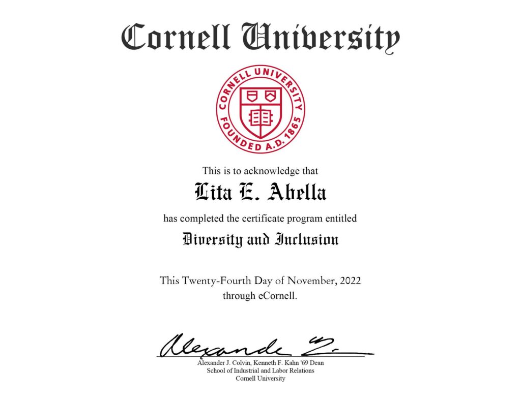 Lita Abella's certification of completing the diversity and inclusion program at Cornell University