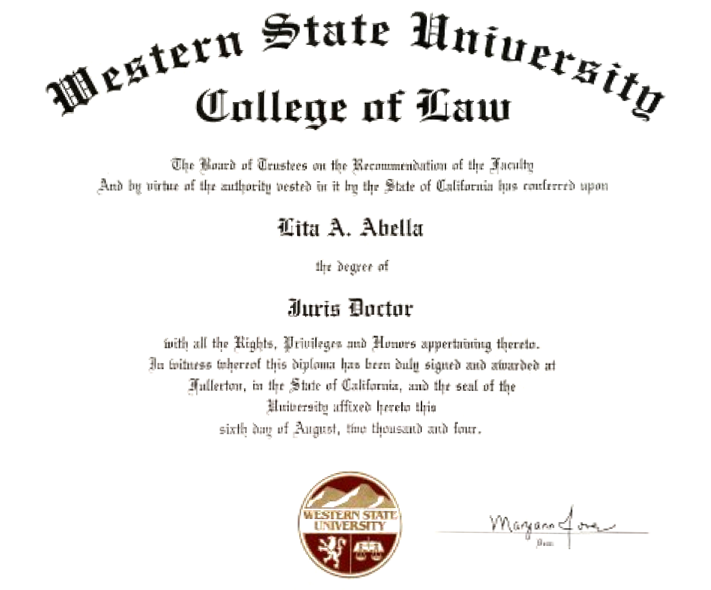 Lita Abella's Juris Doctor diploma from Western State University.