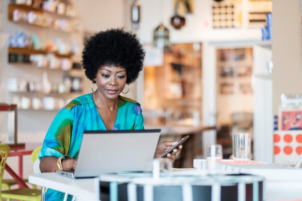 A lady working on a computer.