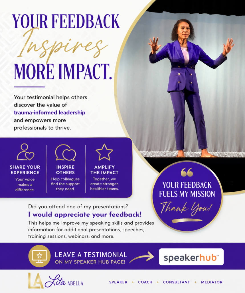 Lita Abella standing on stage, text that states, "Your feedback inspires more impact."